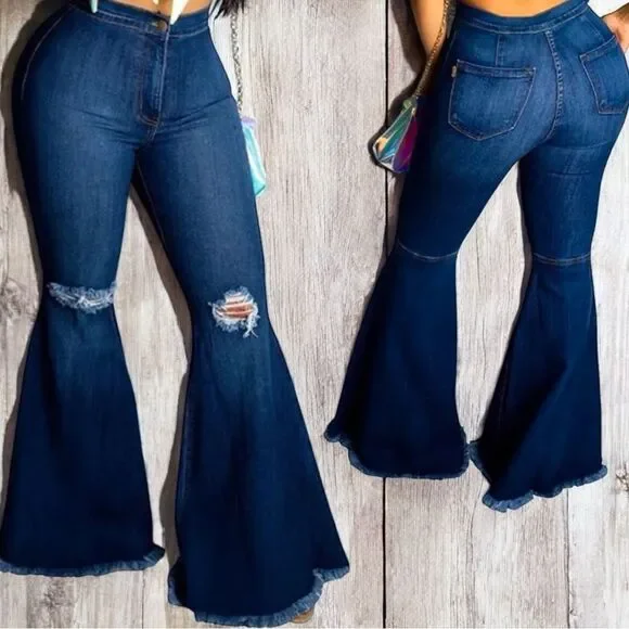 HomeFolk/L&B Dark Wash Distressed Knee Flare Jeans NWT - Picture 2 of 14